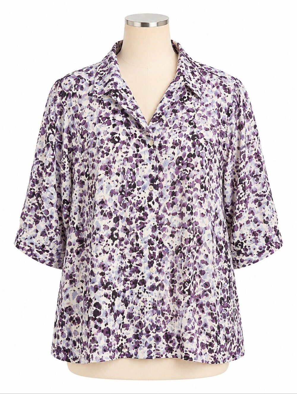 Catherines Purple Print Shirt Sleeve Button Down Shirt Sz 2XW Petite- Casual